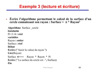 Algorithme Surface _cercle
Constante
Pi=3.14 : réel
variables
Rayon : entier
Surface : réel
Début
Ecrire (" Saisir la valeur du rayon ")
Lire(Rayon)
Surface  Rayon * Rayon * Pi
Ecrire (" La surface du cercle est : ", Surface)
Fin
39
Exemple 3 (lecture et écriture)
 Écrire l’algorithme permettant le calcul de la surface d’un
cercle connaissant son rayon : Surface =  * Rayon2
Prof.F.Ayoub
 