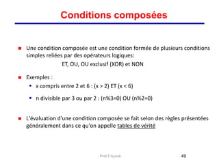  Une condition composée est une condition formée de plusieurs conditions
simples reliées par des opérateurs logiques:
ET, OU, OU exclusif (XOR) et NON
 Exemples :
 x compris entre 2 et 6 : (x > 2) ET (x < 6)
 n divisible par 3 ou par 2 : (n%3=0) OU (n%2=0)
 L'évaluation d'une condition composée se fait selon des règles présentées
généralement dans ce qu'on appelle tables de vérité
49
Conditions composées
Prof.F.Ayoub
 