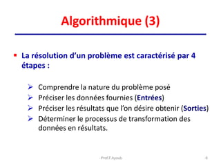 Algorithmique (3)
 La résolution d’un problème est caractérisé par 4
étapes :
 Comprendre la nature du problème posé
 Préciser les données fournies (Entrées)
 Préciser les résultats que l’on désire obtenir (Sorties)
 Déterminer le processus de transformation des
données en résultats.
6
Prof.F.Ayoub
 