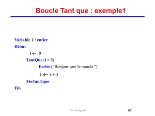 Variable i : entier
Début
i  0
TantQue (i < 3)
Ecrire ("Bonjour tout le monde ")
i  i + 1
FinTanTque
Fin
67
Boucle Tant que : exemple1
Prof.F.Ayoub
 