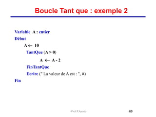 Variable A : entier
Début
A  10
TantQue (A > 0)
A  A - 2
FinTantQue
Ecrire (" La valeur de A est : ", A)
Fin
68
Boucle Tant que : exemple 2
Prof.F.Ayoub
 