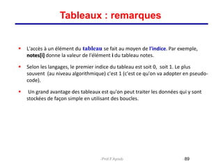  L'accès à un élément du tableau se fait au moyen de l'indice. Par exemple,
notes[i] donne la valeur de l'élément i du tableau notes.
 Selon les langages, le premier indice du tableau est soit 0, soit 1. Le plus
souvent (au niveau algorithmique) c'est 1 (c'est ce qu'on va adopter en pseudo-
code).
 Un grand avantage des tableaux est qu'on peut traiter les données qui y sont
stockées de façon simple en utilisant des boucles.
89
Tableaux : remarques
Prof.F.Ayoub
 