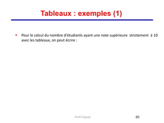  Pour le calcul du nombre d'étudiants ayant une note supérieure strictement à 10
avec les tableaux, on peut écrire :
93
Tableaux : exemples (1)
Prof.F.Ayoub
 