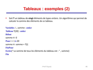  Soit T un tableau de vingt éléments de types entiers. Un algorithme qui permet de
calculer la somme des éléments de ce tableau.
Variables i , somme : entier
Tableau T[20] : entier
Début
somme ← 0
Pour i = 1 à 20
somme ← somme + T[i]
FinPour
Ecrire(" La somme de tous les éléments du tableau est : " , somme)
Fin
96
Tableaux : exemples (2)
Prof.F.Ayoub
 