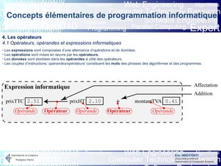 Eric INNOCENTI
Associate professor
Department of Computer Science
Concepts élémentaires de programmation informatique
4. Les opérateurs
4.1 Opérateurs, opérandes et expressions informatiques
- Les expressions sont composées d’une alternance d’opérations et de données.
- Les opérations sont mises en œuvre par les opérateurs.
- Les données sont stockées dans les opérandes à côté des opérateurs.
- Les couples d’instructions ‘opérandes/opérateurs’ constituent les mots des phrases des algorithmes et des programmes.
 