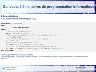 Eric INNOCENTI
Associate professor
Department of Computer Science
Concepts élémentaires de programmation informatique
4. Les opérateurs
4.3 Les opérateurs arithmétiques (2/2)
- En langage PHP, fmod (modulo): fmod(7,2).
- En langage PHP, il n’existe pas d’opérateur dédié à la division entière: on utilise floor (partie entière d’un nombre décimal)
floor(7/2).
Programme pariteEntier
Var
n, r, q sont des entiers
Début
//Saisie d'un nombre entier
Saisir("Entrer un entier ", n)
//On calcule le reste de la division entière de n par 2
r <- modulo(n,2)
//On effectue la division entière de n par 2
q <- div(n,2)
//Affichage du résultat des calculs
Afficher(n + " / 2 = "+ q +" reste "+r)
//Affiche les instructions pour déterminer la parité
Afficher("Si reste 1, nombre impair, si reste 0 nombre pair")
Fin programme
 