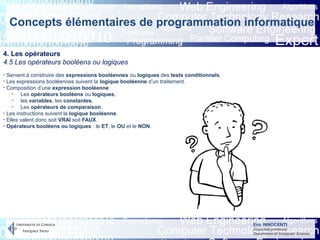 Eric INNOCENTI
Associate professor
Department of Computer Science
Concepts élémentaires de programmation informatique
4. Les opérateurs
4.5 Les opérateurs booléens ou logiques
- Servent à construire des expressions booléennes ou logiques des tests conditionnels.
- Les expressions booléennes suivent la logique booléenne d’un traitement.
- Composition d’une expression booléenne:
- Les opérateurs booléens ou logiques,
- les variables, les constantes,
- Les opérateurs de comparaison.
- Les instructions suivent la logique booléenne.
- Elles valent donc soit VRAI soit FAUX.
- Opérateurs booléens ou logiques : le ET, le OU et le NON.
 