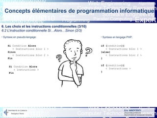 Eric INNOCENTI
Associate professor
Department of Computer Science
Concepts élémentaires de programmation informatique
6. Les choix et les instructions conditionnelles (3/10)
6.2 L’instruction conditionnelle Si…Alors…Sinon (2/3)
- Syntaxe en pseudo-langage: - Syntaxe en langage PHP:
Si Condition Alors
< Instructions bloc 1 >
Sinon
< Instructions bloc 2 >
Fin
Si Condition Alors
< Instructions >
Fin
if (condition){
< Instructions bloc 1 >
}else{
< Instructions bloc 2 >
}
if (condition){
< Instructions >
}
 