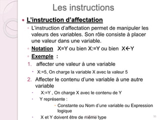Les instructions
 L’instruction d’affectation
◦ L’instruction d’affectation permet de manipuler les
valeurs des variables. Son rôle consiste à placer
une valeur dans une variable.
◦ Notation X=Y ou bien X:=Y ou bien XY
◦ Exemple :
1. affecter une valeur à une variable
 X:=5, On charge la variable X avec la valeur 5
2. Affecter le contenu d’une variable à une autre
variable
 X:=Y , On charge X avec le contenu de Y
 Y représente :
 Constante ou Nom d’une variable ou Expression
logique
 X et Y doivent être de même type
24/02/2023 30
 