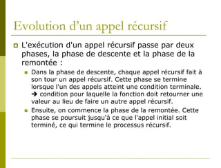 Evolution d’un appel récursif
   L'exécution d'un appel récursif passe par deux
    phases, la phase de descente et la phase de la
    remontée :
       Dans la phase de descente, chaque appel récursif fait à
        son tour un appel récursif. Cette phase se termine
        lorsque l'un des appels atteint une condition terminale.
         condition pour laquelle la fonction doit retourner une
        valeur au lieu de faire un autre appel récursif.
       Ensuite, on commence la phase de la remontée. Cette
        phase se poursuit jusqu'à ce que l'appel initial soit
        terminé, ce qui termine le processus récursif.
 