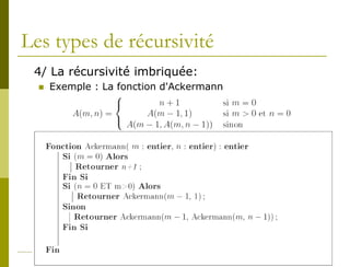 Les types de récursivité
 4/ La récursivité imbriquée:
     Exemple : La fonction d'Ackermann
 