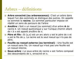 Arbres – définitions
   Arbre enraciné (ou arborescence): C’est un arbre dans
    lequel l’un des sommets se distingue des autres. On appelle
    ce sommet la racine. Ce sommet particulier impose en
    réalité un sens de parcours de l’arbre
   Ancêtre : Soit x un noeud (ou sommet) d’un arbre A de
    racine r. Un noeud quelconque y sur l’unique chemin allant
    de r à x est appelé ancêtre de x.
   Père et fils : Si (y,x) est un arc alors y est le père de x et
    x est le fils de y. La racine est le seul noeud qui n’a pas de
    père.
   Feuille ou noeud externe (ou terminal) : Une feuille est
    un noeud sans fils. Un noeud qui n’est pas une feuille est
    un noeud interne.
   Sous-arbre : Le sous-arbre de racine x est l’arbre composé
    des descendants de x, enraciné en x.
 