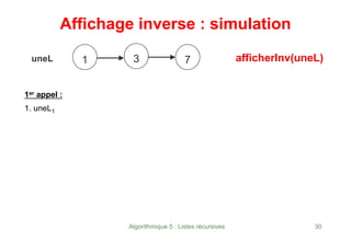 Algorithmique 5 : Listes récursives 30
Affichage inverse : simulation
uneL 3
1er appel :
1. uneL1
afficherInv(uneL)
1 7
 