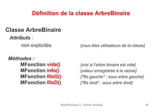 Algorithmique 5 : Arbres binaires 44
Définition de la classe ArbreBinaire
Classe ArbreBinaire
Attributs :
non explicités {vous êtes utilisateurs de la classe}
Méthodes :
MFonction vide() {vrai si l’arbre binaire est vide}
MFonction info() {valeur enregistrée à la racine}
MFonction filsG() {"fils gauche" : sous arbre gauche}
MFonction filsD() {"fils droit" : sous arbre droit}
 