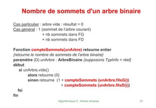 Algorithmique 5 : Arbres binaires 51
Nombre de sommets d'un arbre binaire
Cas particulier : arbre vide : résultat = 0
Cas général : 1 (sommet de l’arbre courant)
+ nb sommets dans FG
+ nb sommets dans FD
Fonction compteSommets(unArbre) retourne entier
{retourne le nombre de sommets de l'arbre binaire}
paramètre (D) unArbre : ArbreBinaire {supposons TypInfo = réel}
début
si unArbre.vide()
alors retourne (0)
sinon retourne (1 + compteSommets (unArbre.filsG())
+ compteSommets (unArbre.filsD()))
fsi
fin
 