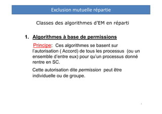 Classes des algorithmes d’EM en réparti
1. Algorithmes à base de permissions
Principe: Ces algorithmes se basent sur
l’aut...