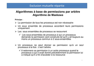 Algorithmes à base de permissions par arbitre
Algorithme de Maekawa
Principe :
 La permission de tous les processus est n...