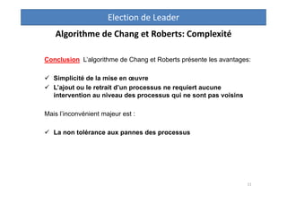 Algorithme de Chang et Roberts: Complexité
Conclusion L’algorithme de Chang et Roberts présente les avantages:
 Simplicit...
