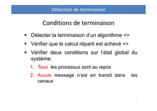 Conditions de terminaison
 Détecter la terminaison d’un algorithme =>
 Vérifier que le calcul réparti est achevé =>
 Vé...