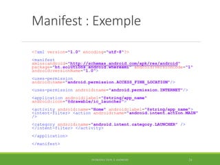 Manifest : Exemple
<?xml version="1.0" encoding="utf-8"?>
<manifest
xmlns:android="http://schemas.android.com/apk/res/android"
package="ht.solutions.android.whereami" android:versionCode="1"
android:versionName="1.0">
<uses-permission
android:name="android.permission.ACCESS_FINE_LOCATION"/>
<uses-permission android:name="android.permission.INTERNET"/>
<application android:label="@string/app_name"
android:icon="@drawable/ic_launcher">
<activity android:name="Home" android:label="@string/app_name">
<intent-filter> <action android:name="android.intent.action.MAIN"
/>
<category android:name="android.intent.category.LAUNCHER" />
</intent-filter> </activity>
</application>
</manifest>
INTRODUCTION À ANDROID 24
 