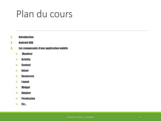 Plan du cours
1. Introduction
2. Android SDK
3. Les composants d’une application mobile
 Manifest
 Activity
 Context
 Intent
 Resources
 Layout
 Widget
 Adapter
 Permission
 Etc…
INTRODUCTION À ANDROID 3
 