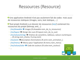 Ressources (Resource)
Une application Android n’est pas seulement fait de codes mais aussi
de ressources statiques (images, sons, text statique,….)
Tout projet Android a un dossier de ressources (res/) contenant les
ressources du projet (bitmap, xml,…)
◦ /res/drawable  images (R.drawable.nom_de_la_ressources)
◦ /res/layout  Design des vues (R.layout.nom_de_la_vue)
◦ /res/values/strings  Chaînes de caractères, tableaux, valeurs numériques
… (R.string.nom_chaine, R.array.nom)
◦ /res/anim description d’animations (R.anim.nom_animation_)
◦ /res/menus  Menus pour l’application (R.menu.nom_menu)
◦ /res/values/color  Code de couleurs (R.color.nom_couleur)
◦ …
INTRODUCTION À ANDROID 40
 