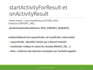 startActivityForResult et
onActivityResult
Intent intent = new Intent(Intent.ACTION_PICK,
Contacts.CONTENT_URI);
startActi...