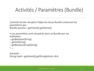 Activités / Paramètres (Bundle)
L’activité lancée récupère l’objet de classe Bundle contenant les
paramètres par :
Bundle ...
