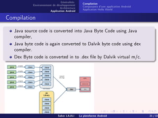 Généralités
Environnement de développement
Architecture
Application Android
Compilation
Composants d'une application Android
Application Hello World
Compilation
Java source code is converted into Java Byte Code using Java
compiler,
Java byte code is again converted to Dalvik byte code using dex
compiler.
Dex Byte code is converted in to .dex le by Dalvik virtual m/c.
Saber LAJILI La plateforme Android 21 / 32
 