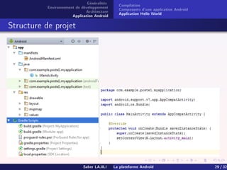 Généralités
Environnement de développement
Architecture
Application Android
Compilation
Composants d'une application Android
Application Hello World
Structure de projet
Saber LAJILI La plateforme Android 29 / 32
 