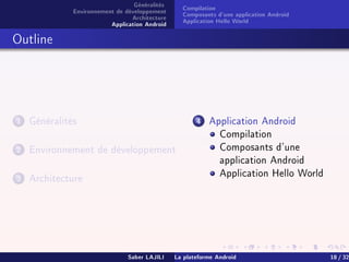 Généralités
Environnement de développement
Architecture
Application Android
Compilation
Composants d'une application Android
Application Hello World
Outline
1 Généralités
2 Environnement de développement
3 Architecture
4 Application Android
Compilation
Composants d'une
application Android
Application Hello World
Saber LAJILI La plateforme Android 18 / 32
 