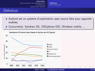 Généralités
Environnement de développement
Architecture
Application Android
Dénition
Bref historique
Dénition
Android est un système d'exploitation open source libre pour appareils
mobiles;
Concurrents: Symbian OS, iOS(iphone OS), Windows mobile, ...
Saber LAJILI La plateforme Android 5 / 32
 