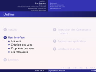 Activity
User interface
Listeners
Interaction des Composants : Intents
Appeler une application
Interfaces avancées
Les vues
Création des vues
Propriétés des vues
Les ressources
Outline
1 Activity
2 User interface
Les vues
Création des vues
Propriétés des vues
Les ressources
3 Listeners
4 Interaction des Composants
: Intents
5 Appeler une application
6 Interfaces avancées
Saber LAJILI La plateforme Android 16 / 54
 