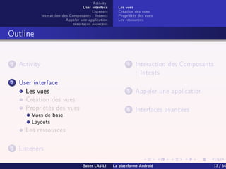 Activity
User interface
Listeners
Interaction des Composants : Intents
Appeler une application
Interfaces avancées
Les vues
Création des vues
Propriétés des vues
Les ressources
Outline
1 Activity
2 User interface
Les vues
Création des vues
Propriétés des vues
Vues de base
Layouts
Les ressources
3 Listeners
4 Interaction des Composants
: Intents
5 Appeler une application
6 Interfaces avancées
Saber LAJILI La plateforme Android 17 / 54
 