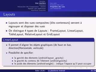 Activity
User interface
Listeners
Interaction des Composants : Intents
Appeler une application
Interfaces avancées
Les vues
Création des vues
Propriétés des vues
Les ressources
Layouts
Layouts sont des vues composites (dits conteneurs) servent à
regrouper et disposer des vues
On distingue 4 types de Layouts : FrameLayout, LinearLayout,
TableLayout, RelativeLayout et GridLayout
LinearLayout
Il permet d'aligner les objets graphiques (de haut en bas,
direction(Horizontale, verticale)
Possibilité de spécier:
la garvité des élements (android:layout_gravity)
la gravité du contenu de l'élement (android:gravity)
le poids des éléments (android:weight) : indique l'espace qu'il peut occuper
Saber LAJILI La plateforme Android 25 / 54
 