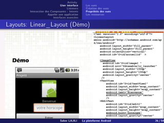 Activity
User interface
Listeners
Interaction des Composants : Intents
Appeler une application
Interfaces avancées
Les vues
Création des vues
Propriétés des vues
Les ressources
Layouts: Linear_Layout (Démo)
Saber LAJILI La plateforme Android 26 / 54
 