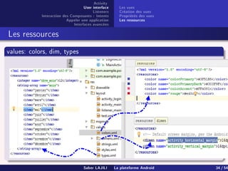 Activity
User interface
Listeners
Interaction des Composants : Intents
Appeler une application
Interfaces avancées
Les vues
Création des vues
Propriétés des vues
Les ressources
Les ressources
values: colors, dim, types
Saber LAJILI La plateforme Android 34 / 54
 