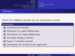 Activity
User interface
Listeners
Interaction des Composants : Intents
Appeler une application
Interfaces avancées
Dénition
Cycle de vie des activités
Scénario
Scénario
Donner les callsBacks exécutés pour les évènnements suivants:
Evènements
1 Lancement de l'activité
2 Réception d'un appel téléphonique
3 Terminaison de l'appel téléphonique
4 Une alerte dialogue s'ache
5 Passer à l'interface suivante
6 Terminaison de l'activité et de l'application
Saber LAJILI La plateforme Android 14 / 54
 