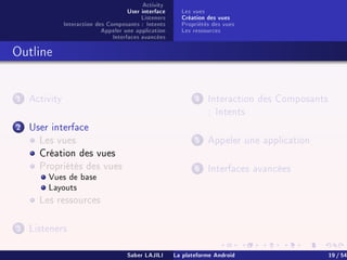 Activity
User interface
Listeners
Interaction des Composants : Intents
Appeler une application
Interfaces avancées
Les vues
Création des vues
Propriétés des vues
Les ressources
Outline
1 Activity
2 User interface
Les vues
Création des vues
Propriétés des vues
Vues de base
Layouts
Les ressources
3 Listeners
4 Interaction des Composants
: Intents
5 Appeler une application
6 Interfaces avancées
Saber LAJILI La plateforme Android 19 / 54
 