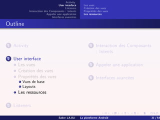 Activity
User interface
Listeners
Interaction des Composants : Intents
Appeler une application
Interfaces avancées
Les vues
Création des vues
Propriétés des vues
Les ressources
Outline
1 Activity
2 User interface
Les vues
Création des vues
Propriétés des vues
Vues de base
Layouts
Les ressources
3 Listeners
4 Interaction des Composants
: Intents
5 Appeler une application
6 Interfaces avancées
Saber LAJILI La plateforme Android 31 / 54
 