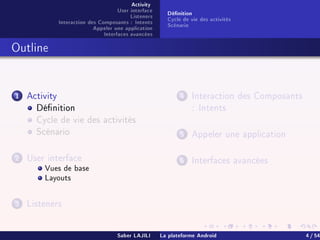 Activity
User interface
Listeners
Interaction des Composants : Intents
Appeler une application
Interfaces avancées
Dénition
Cycle de vie des activités
Scénario
Outline
1 Activity
Dénition
Cycle de vie des activités
Scénario
2 User interface
Vues de base
Layouts
3 Listeners
4 Interaction des Composants
: Intents
5 Appeler une application
6 Interfaces avancées
Saber LAJILI La plateforme Android 4 / 54
 