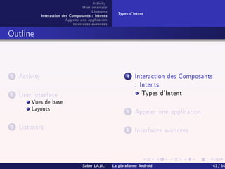 Activity
User interface
Listeners
Interaction des Composants : Intents
Appeler une application
Interfaces avancées
Types d'Intent
Outline
1 Activity
2 User interface
Vues de base
Layouts
3 Listeners
4 Interaction des Composants
: Intents
Types d'Intent
5 Appeler une application
6 Interfaces avancées
Saber LAJILI La plateforme Android 43 / 54
 