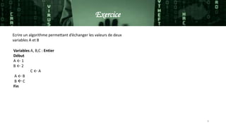 9
Ecrire un algorithme permettant d’échanger les valeurs de deux
variables A et B
Variables A, B,C : Entier
Début
A ← 1
B ← 2
C ← A
A ← B
B  C
Fin
Exercice
 