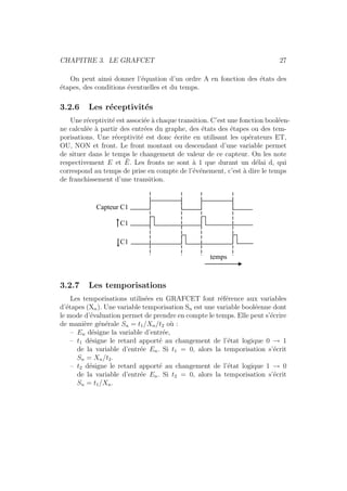 CHAPITRE 3. LE GRAFCET 27 
On peut ainsi donner l’´equation d’un ordre A en fonction des ´etats des 
´etapes, des conditions ´eventuelles et du temps. 
3.2.6 Les r´eceptivit´es 
Une r´eceptivit´e est associ´ee `a chaque transition. C’est une fonction bool´een-ne 
calcul´ee `a partir des entr´ees du graphe, des ´etats des ´etapes ou des tem-porisations. 
Une r´eceptivit´e est donc ´ecrite en utilisant les op´erateurs ET, 
OU, NON et front. Le front montant ou descendant d’une variable permet 
de situer dans le temps le changement de valeur de ce capteur. On les note 
respectivement E et ¯E 
. Les fronts ne sont `a 1 que durant un d´elai d, qui 
correspond au temps de prise en compte de l’´ev´enement, c’est `a dire le temps 
de franchissement d’une transition. 
temps 
Capteur C1 
C1 
C1 
3.2.7 Les temporisations 
Les temporisations utilis´ees en GRAFCET font r´ef´erence aux variables 
d’´etapes (Xn). Une variable temporisation Sn est une variable bool´eenne dont 
le mode d’´evaluation permet de prendre en compte le temps. Elle peut s’´ecrire 
de mani`ere g´en´erale Sn = t1/Xn/t2 o`u : 
– En d´esigne la variable d’entr´ee, 
– t1 d´esigne le retard apport´e au changement de l’´etat logique 0 ! 1 
de la variable d’entr´ee En. Si t1 = 0, alors la temporisation s’´ecrit 
Sn = Xn/t2. 
– t2 d´esigne le retard apport´e au changement de l’´etat logique 1 ! 0 
de la variable d’entr´ee En. Si t2 = 0, alors la temporisation s’´ecrit 
Sn = t1/Xn. 
 