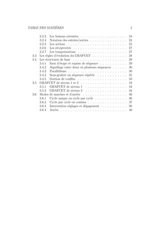 TABLE DES MATI `ERES 2 
3.2.3 Les liaisons orient´ees . . . . . . . . . . . . . . . . . . . 24 
3.2.4 Notation des entr´ees/sorties . . . . . . . . . . . . . . . 24 
3.2.5 Les actions . . . . . . . . . . . . . . . . . . . . . . . . 25 
3.2.6 Les r´eceptivit´es . . . . . . . . . . . . . . . . . . . . . . 27 
3.2.7 Les temporisations . . . . . . . . . . . . . . . . . . . . 27 
3.3 Les r`egles d’´evolution du GRAFCET . . . . . . . . . . . . . . 28 
3.4 Les structures de base . . . . . . . . . . . . . . . . . . . . . . 29 
3.4.1 Saut d’´etape et reprise de s´equence . . . . . . . . . . . 29 
3.4.2 Aiguillage entre deux ou plusieurs s´equences . . . . . . 30 
3.4.3 Parall´elisme . . . . . . . . . . . . . . . . . . . . . . . . 30 
3.4.4 Sous-grafcet ou s´equence r´ep´et´ee . . . . . . . . . . . . 31 
3.4.5 Gestion de conflits . . . . . . . . . . . . . . . . . . . . 33 
3.5 GRAFCET de niveau 1 et 2 . . . . . . . . . . . . . . . . . . . 34 
3.5.1 GRAFCET de niveau 1 . . . . . . . . . . . . . . . . . 34 
3.5.2 GRAFCET de niveau 2 . . . . . . . . . . . . . . . . . 34 
3.6 Modes de marches et d’arrˆets . . . . . . . . . . . . . . . . . . 36 
3.6.1 Cycle unique ou cycle par cycle . . . . . . . . . . . . . 36 
3.6.2 Cycle par cycle ou continu . . . . . . . . . . . . . . . . 37 
3.6.3 Intervention r´eglages et d´egagement . . . . . . . . . . . 38 
3.6.4 Arrˆets . . . . . . . . . . . . . . . . . . . . . . . . . . . 40 
 
