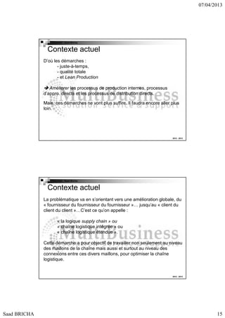 07/04/2013

Copyright : Saad Bricha

Contexte actuel
D’où les démarches :
- juste-à-temps,
- qualité totale
- et Lean Production
Améliorer les processus de production internes, processus
d’appro. directs et les processus de distribution directs.
Mais,
Mais ces démarches ne vont plus suffire. Il faudra encore aller plus
loin.

2012 - 2013

Copyright : Saad Bricha

Contexte actuel
La problématique va en s’orientant vers une amélioration globale, du
« fournisseur du fournisseur du fournisseur »… jusqu’au « client du
client du client »…C’est ce qu’on appelle :
« la logique supply chain » ou
« chaîne logistique intégrée » ou
« chaîne logistique étendue ».
Cette démarche a pour objectif de travailler non seulement au niveau
des maillons de la chaîne mais aussi et surtout au niveau des
connexions entre ces divers maillons, pour optimiser la chaîne
logistique.

2012 - 2013

Saad BRICHA

15

 