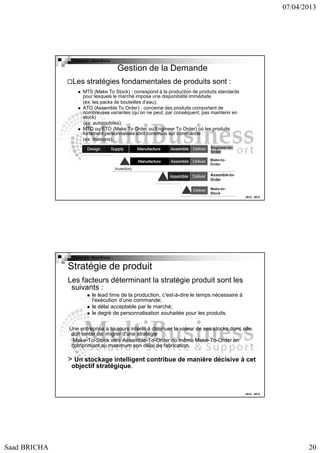 07/04/2013

Copyright : Saad Bricha

Gestion de la Demande
Les stratégies fondamentales de produits sont :
MTS (Make To Stock) : correspond à la production de produits standards
pour lesquels le marché impose une disponibilité immédiate
(ex: les packs de bouteilles d’eau);
ATO (Assemble To Order) : concerne des produits comportant de
nombreuses variantes (qu’on ne peut, par conséquent, pas maintenir en
stock)
(ex: automobiles);
MTO ou ETO (Make To Order ou Engineer To Order) où les produits
fortement personnalisés sont construits sur commande
(ex: maisons).

2012 - 2013

Copyright : Saad Bricha

Stratégie de produit
Les facteurs déterminant la stratégie produit sont les
suivants :
le lead time de la production, c’est-à-dire le temps nécessaire à
l’exécution d’une commande;
le délai acceptable par le marché;
le degré de personnalisation souhaitée pour les produits.
Une entreprise a toujours intérêt à diminuer la valeur de ses stocks donc elle
doit tenter de: migrer d'une stratégie
Make-To-Stock vers Assemble-To-Order ou même Make-To-Order en
comprimant au maximum son délai de fabrication.

> Un stockage intelligent contribue de manière décisive à cet
objectif stratégique.

2012 - 2013

Saad BRICHA

20

 