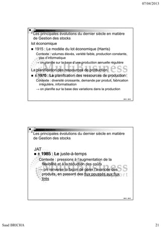 07/04/2013

Copyright : Saad Bricha

Les principales évolutions du dernier siècle en matière
de Gestion des stocks
lot économique
1915 : Le modèle du lot économique (Harris)
Contexte : volumes élevés, variété faible, production constante,
pas d’informatique
→ on planifie sur la base d’une production annuelle régulière

La planification des ressources de production
± 1970 : La planification des ressources de production
Contexte : diversité croissante, demande par produit, fabrication
croissante,
produit,
irrégulière,
irrégulière, informatisation
→ on planifie sur la base des variations dans la production
2012 - 2013

Copyright : Saad Bricha

Les principales évolutions du dernier siècle en matière
de Gestion des stocks

JAT
± 1985 : Le juste-à-temps
justeContexte : pressions à l’augmentation de la
flexibilité et à la réduction des coûts
→ on renverse la façon de gérer l’avancée des
produits,
produits, en passant des flux poussés aux flux
tirés

2012 - 2013

Saad BRICHA

21

 