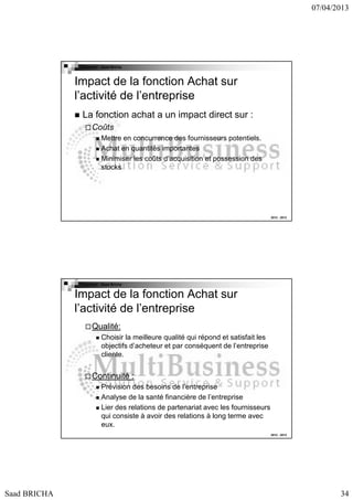 07/04/2013

Copyright : Saad Bricha

Impact de la fonction Achat sur
l’activité de l’entreprise
La fonction achat a un impact direct sur :
Coûts
Mettre en concurrence des fournisseurs potentiels.
Achat en quantités importantes
Minimiser les coûts d’acquisition et possession des
stocks

2012 - 2013

Copyright : Saad Bricha

Impact de la fonction Achat sur
l’activité de l’entreprise
Qualité:
Choisir la meilleure qualité qui répond et satisfait les
objectifs d’acheteur et par conséquent de l’entreprise
cliente.

Continuité :
Prévision des besoins de l’entreprise
Analyse de la santé financière de l’entreprise
Lier des relations de partenariat avec les fournisseurs
qui consiste à avoir des relations à long terme avec
eux.
2012 - 2013

Saad BRICHA

34

 