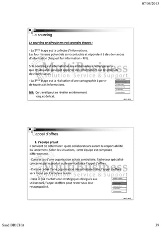 07/04/2013

Copyright : Saad Bricha

Le sourcing
Le sourcing se déroule en trois grandes étapes :
- La 2ème étape est la collecte d'informations.
Les fournisseurs potentiels sont contactés et répondent à des demandes
d'information (Request for Information - RFI).
Si le sourcing est international, les ambassades à l'étranger ainsi
que les douanes peuvent apporter des informations sur les produits
des fournisseurs.
- La 3ème étape est la réalisation d'une cartographie à partir
de toutes ces informations.

Définition du besoin
Recherche Fournsseur
Lct appel d’offre
Analyse des offres
La négociation

NB: Ce travail peut se révéler extrêmement
long et délicat.

Contractualisation

2012 - 2013

Copyright : Saad Bricha

L’appel d’offres
1. L'équipe projet
Il convient de déterminer quels collaborateurs auront la responsabilité
du lancement. Selon les situations, cette équipe est composée
différemment.
- Dans le cas d'une organisation achats centralisée, l'acheteur spécialisé
concerné par le produit ou le service lance l'appel d'offres.
- Dans le cadre d'une organisation décentralisée forte, l'appel d'offres
sera mené par l'acheteur leader.
-Dans le cas d'achats non stratégiques délégués aux
utilisateurs, l'appel d'offres peut rester sous leur
responsabilité.

Définition du besoin
Recherche Fournsseur
Lct appel d’offre
Analyse des offres
La négociation
Contractualisation

2012 - 2013

Saad BRICHA

39

 
